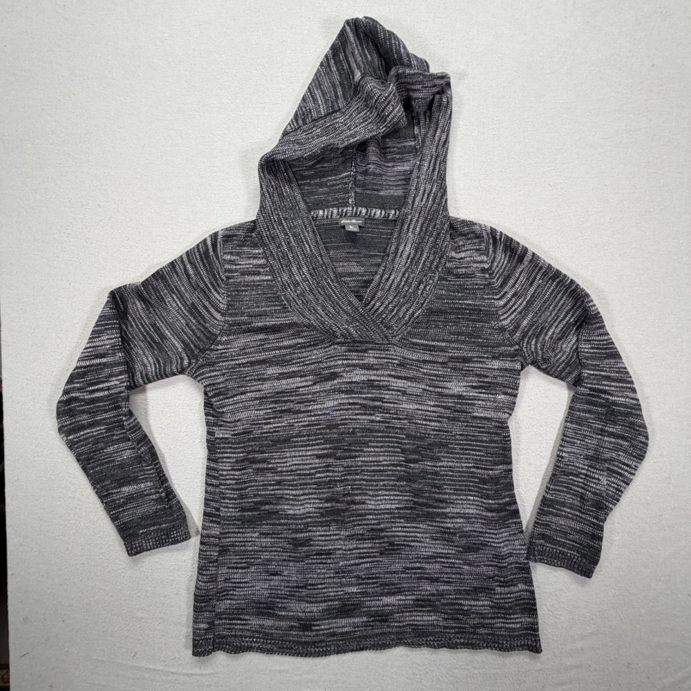 Eddie Bauer Womens Sweater Hoodie Regular Black Grey Space Dye Knit TM